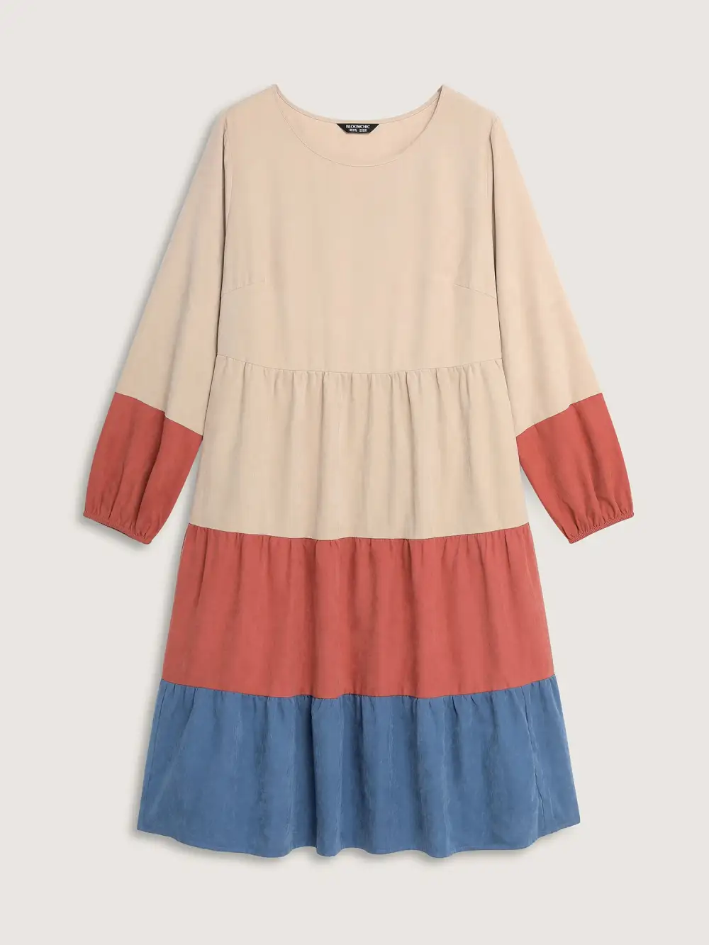 Color Contrast Tiered Round Neck Midi Dress