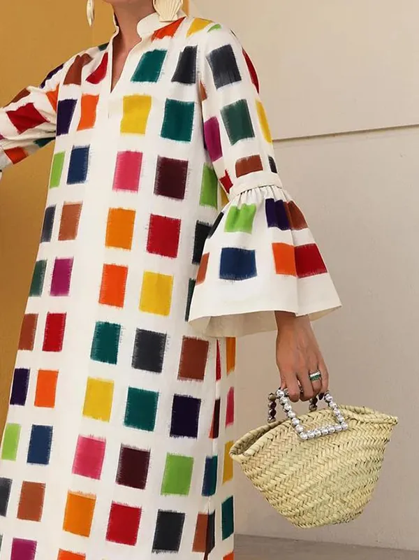 Original Flared Sleeves Split-Joint Multi-Colored Plaid Midi Dress