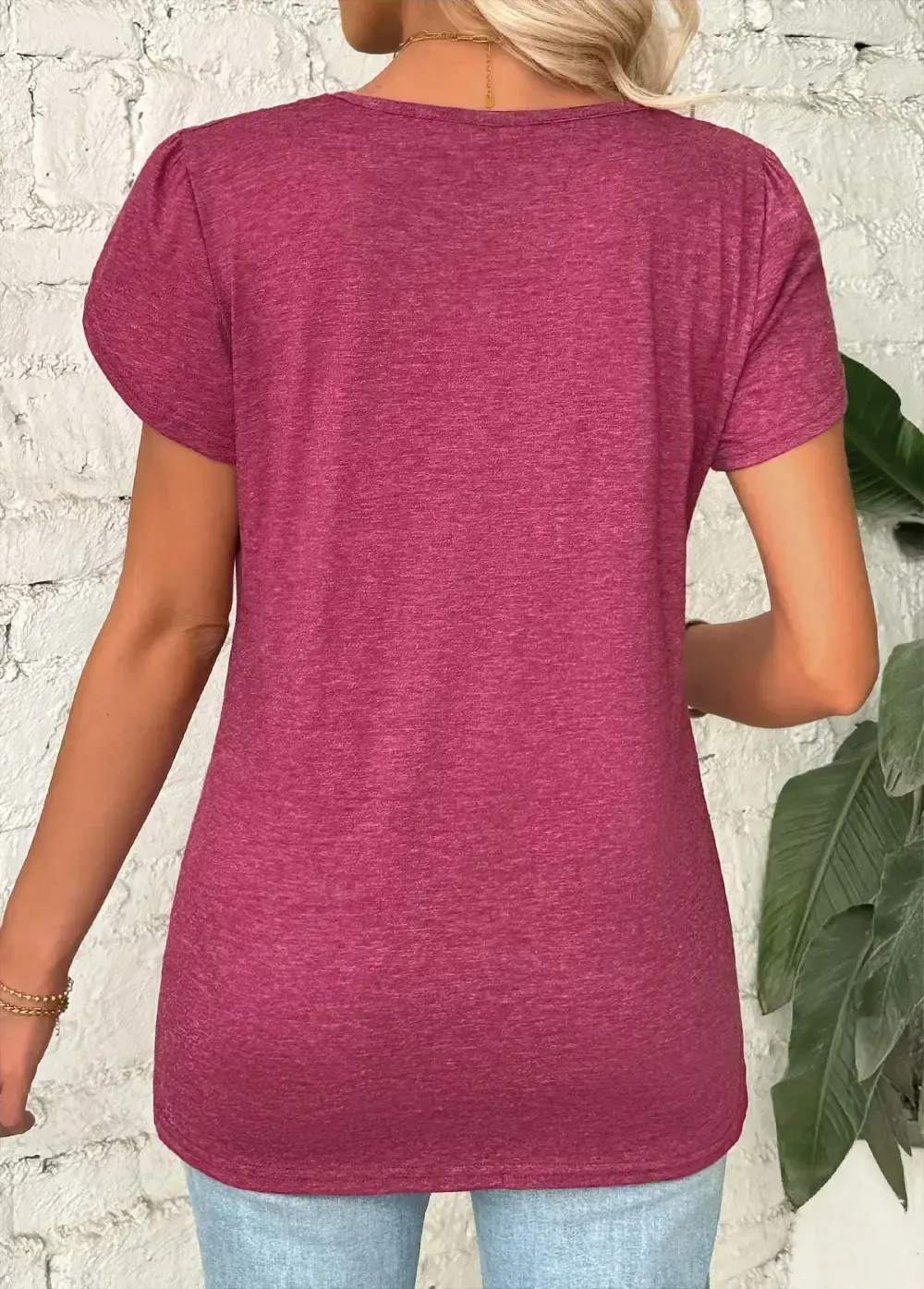 Dark Reddish Purple Short Sleeve V Neck T Shirt
