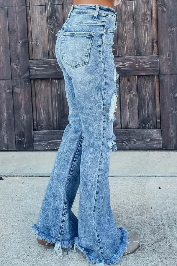 Ripped Raw Hem High Rise Flare Jeans