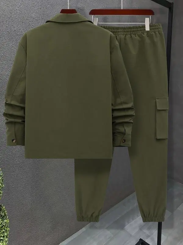 Men's Solid Color Pocket Button Front Jackets & Pants Two-Piece Set