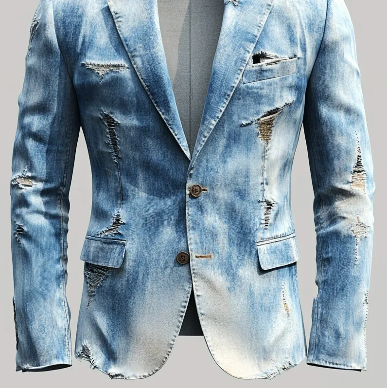 Men's Notch Lapel Long Sleeve Two Button Ripped Denim Blazer