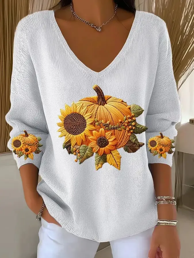 Women's Casual Pumpkin Floral Long Sleeve T-Shirt