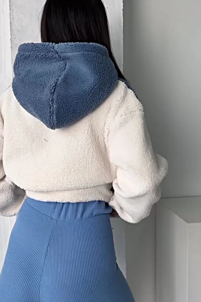Women's contrast fleece hoodie and pants two-piece set