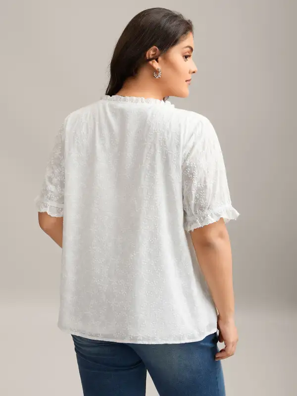 Cotton Embroidery Notched Neck Tie Shirt