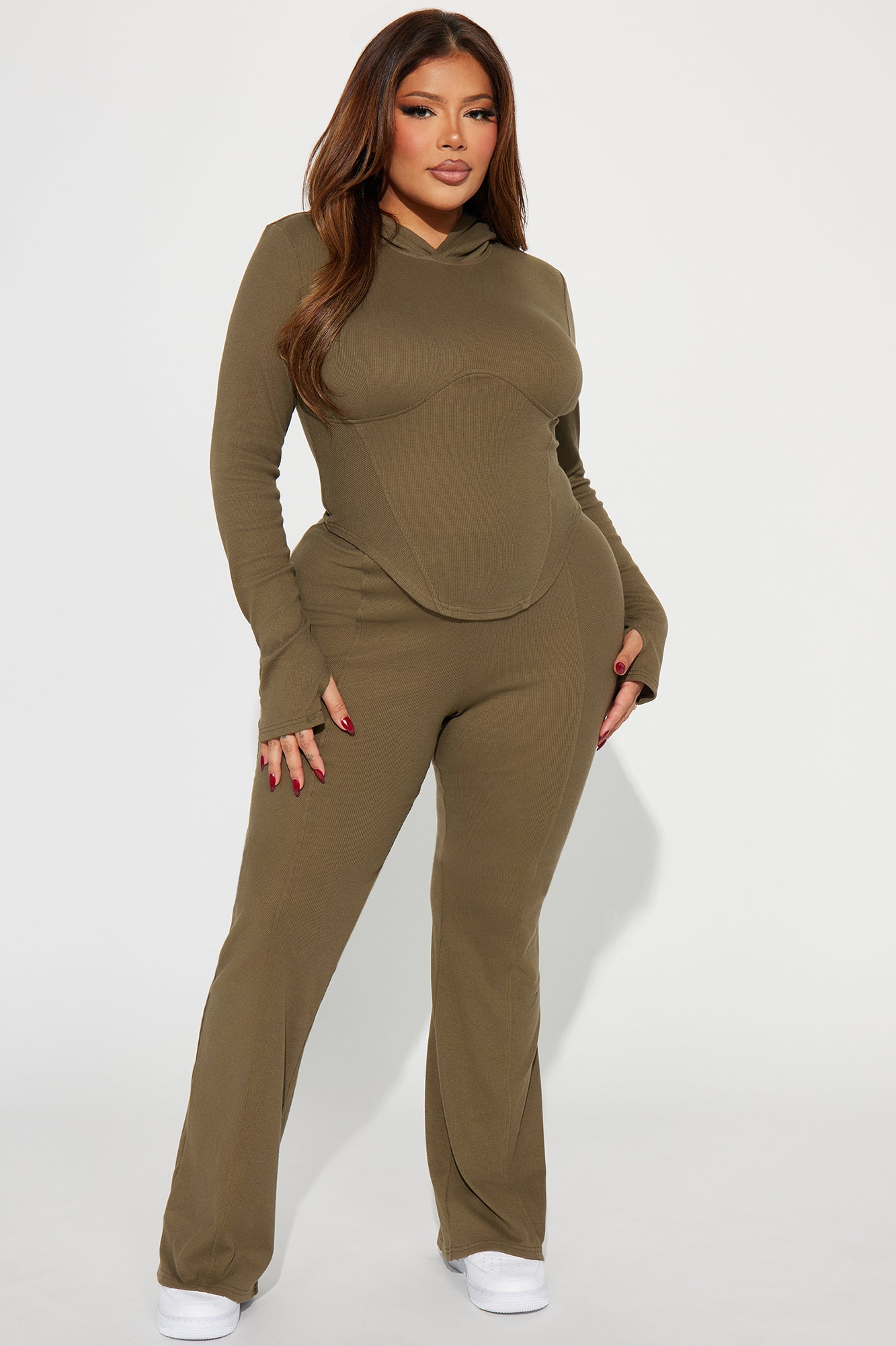 Faye Ribbed Pant Set - Olive