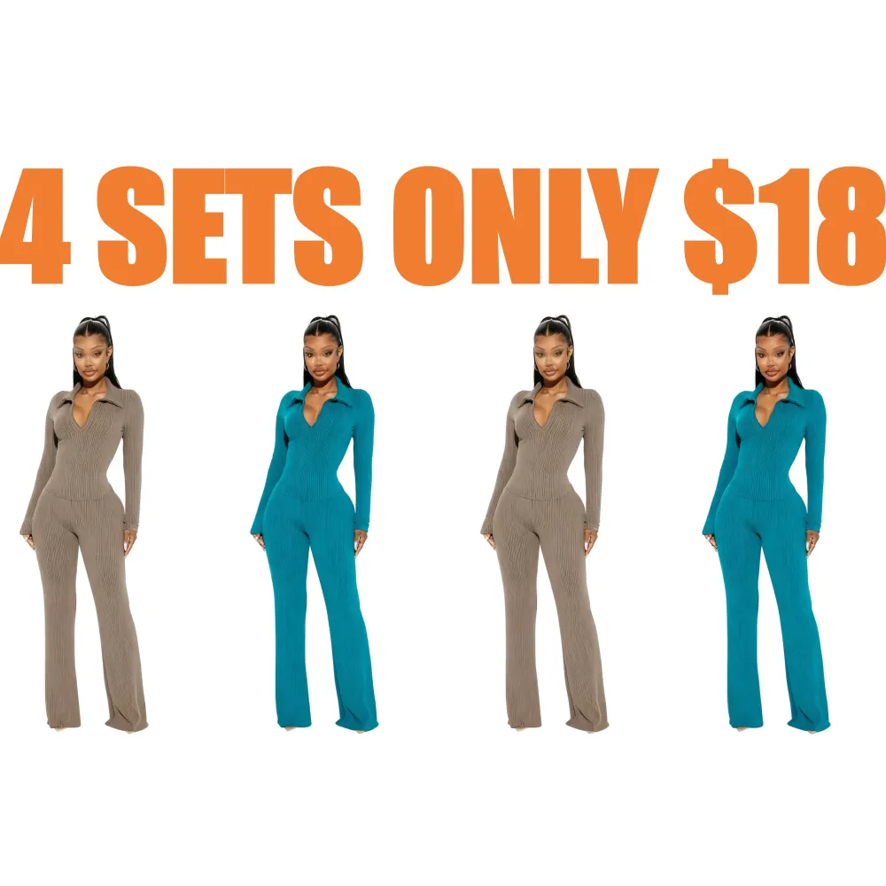 Ribbed Knit Collared Deep V Slim-Fit Set - Fashion Two-Piece with Flared Pants