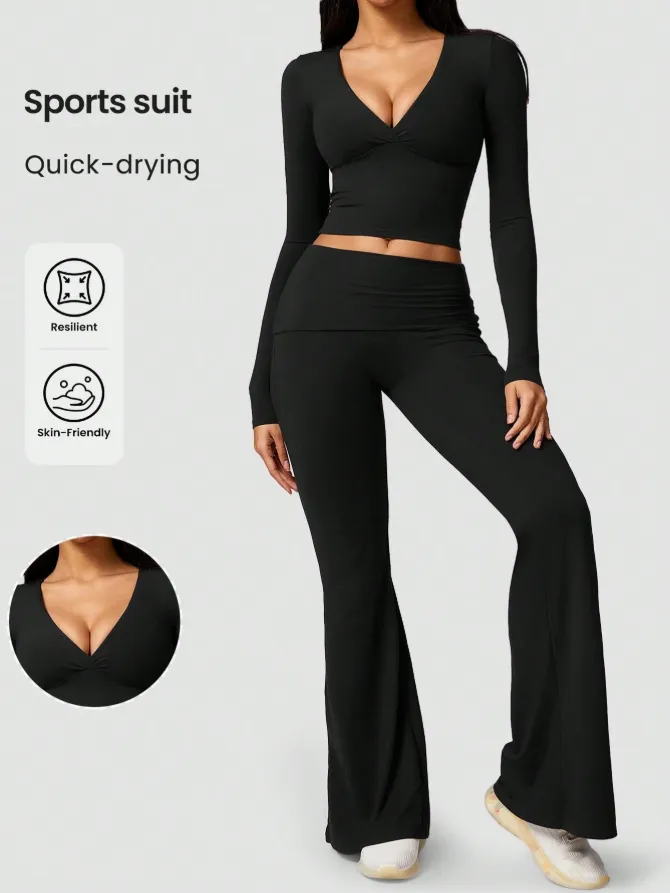 Women's High Elastic Soft V-Collar Flared Pants Set