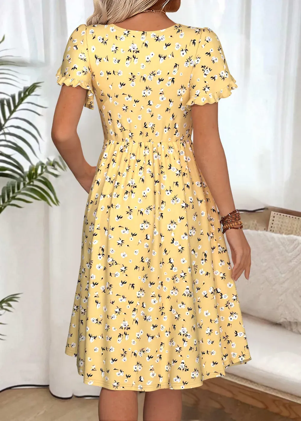 Yellow Ditsy Floral Print Short Sleeve Boat Neck Dress