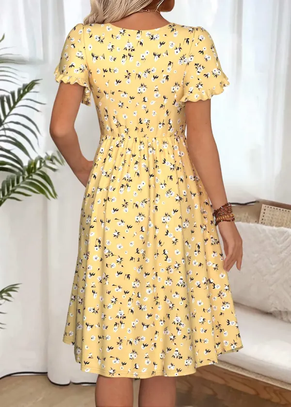 Yellow Ditsy Floral Print Short Sleeve Boat Neck Dress