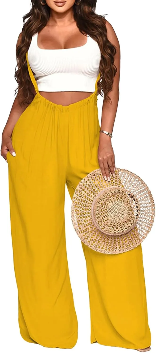 Womens Jumpsuit Casual Loose Sleeveless Adjustable Spaghetti Straps Wide Leg Pants Baggy Overalls With Pockets