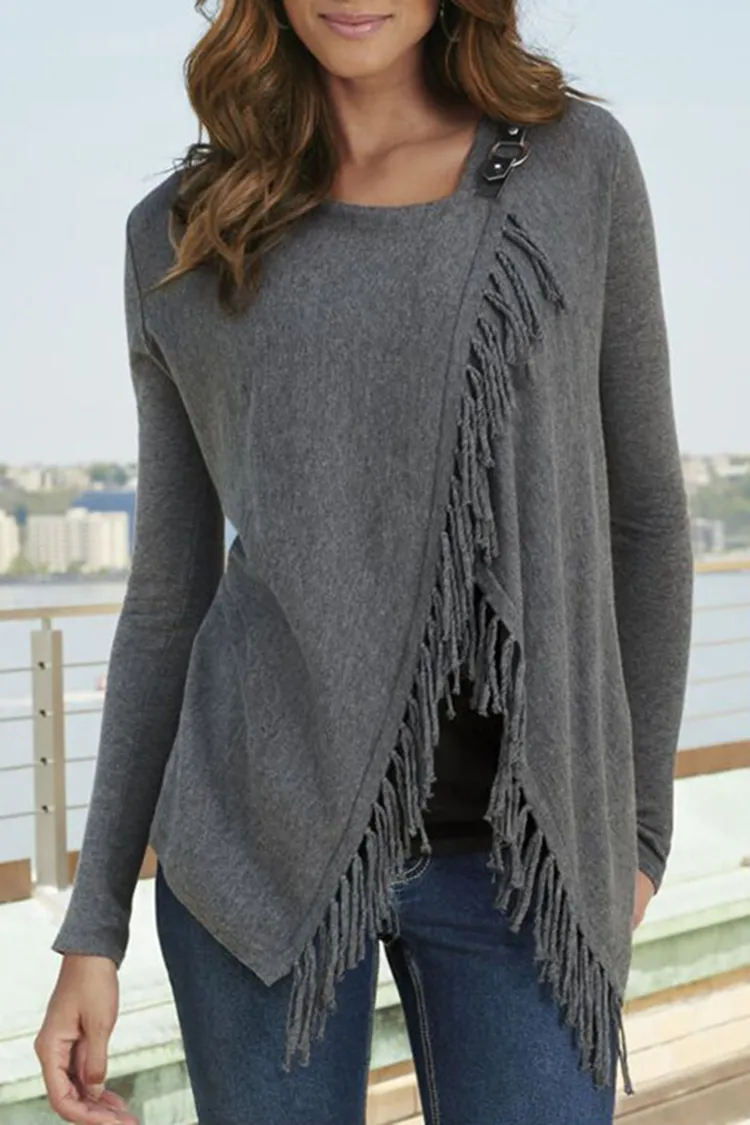 Solid Color Fringe Casual Loose Cardigan
