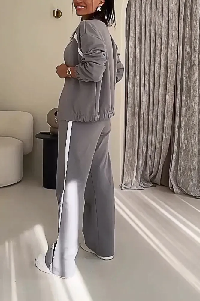 Women's contrast color zipper cardigan jacket & pants two-piece set