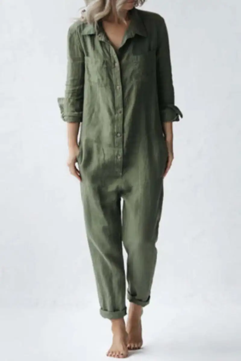 Casual Solid Buckle Turndown Collar Loose Jumpsuits(3 Colors)