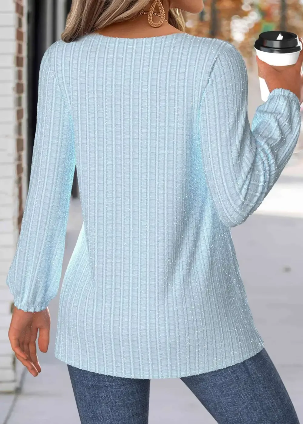 Light Blue Tummy Coverage Long Sleeve V Neck Blouse