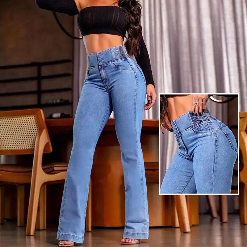 Women's Back Shirred Button Front Jeans High Waist Pants with Pockets