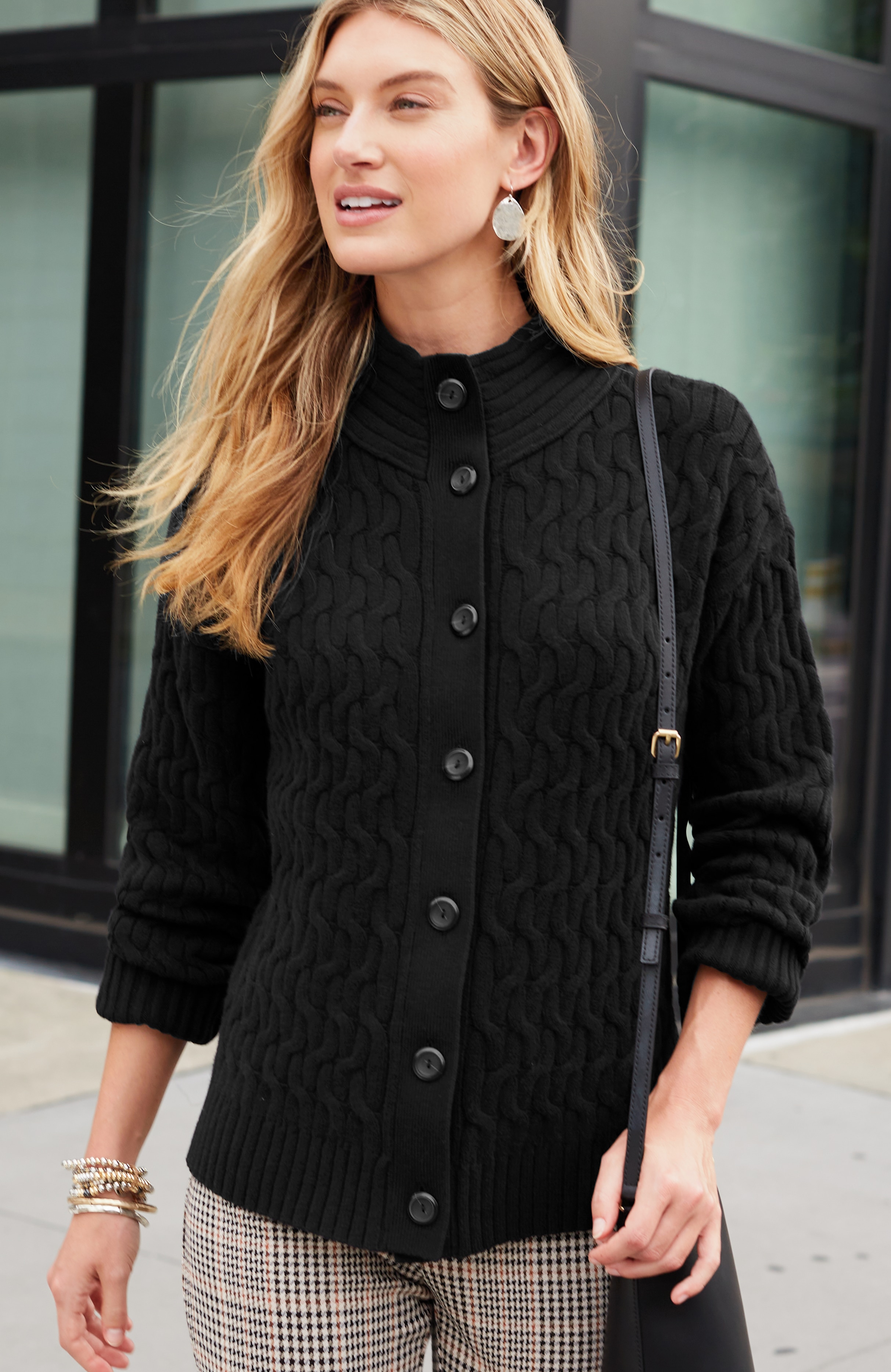 Cabled Button-Front Cardi