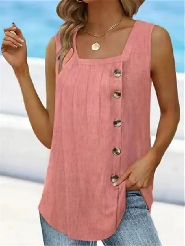 Women's Tank Top Vest Plain Button Casual Basic Modern Sleeveless Square Neck Pink Summer