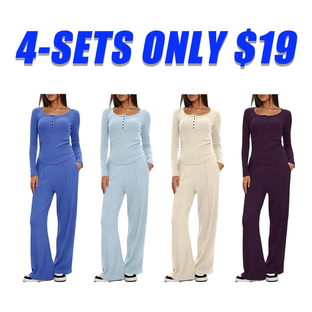 Women's Autumn Fashion Two-Piece Casual Suit Long Sleeve Top Henley Shirt Wide Leg Pants Travel Suit