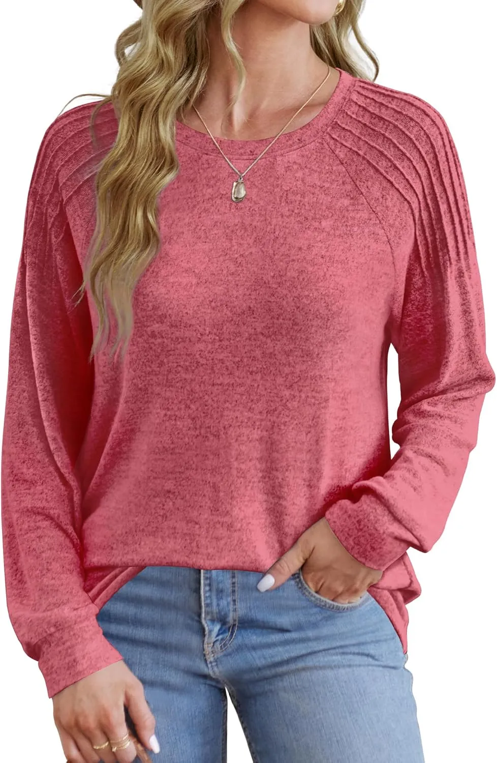 Sweatshirt for Women Crewneck Pleated Long Sleeve Shirts Tunic Tops Fashion 2024
