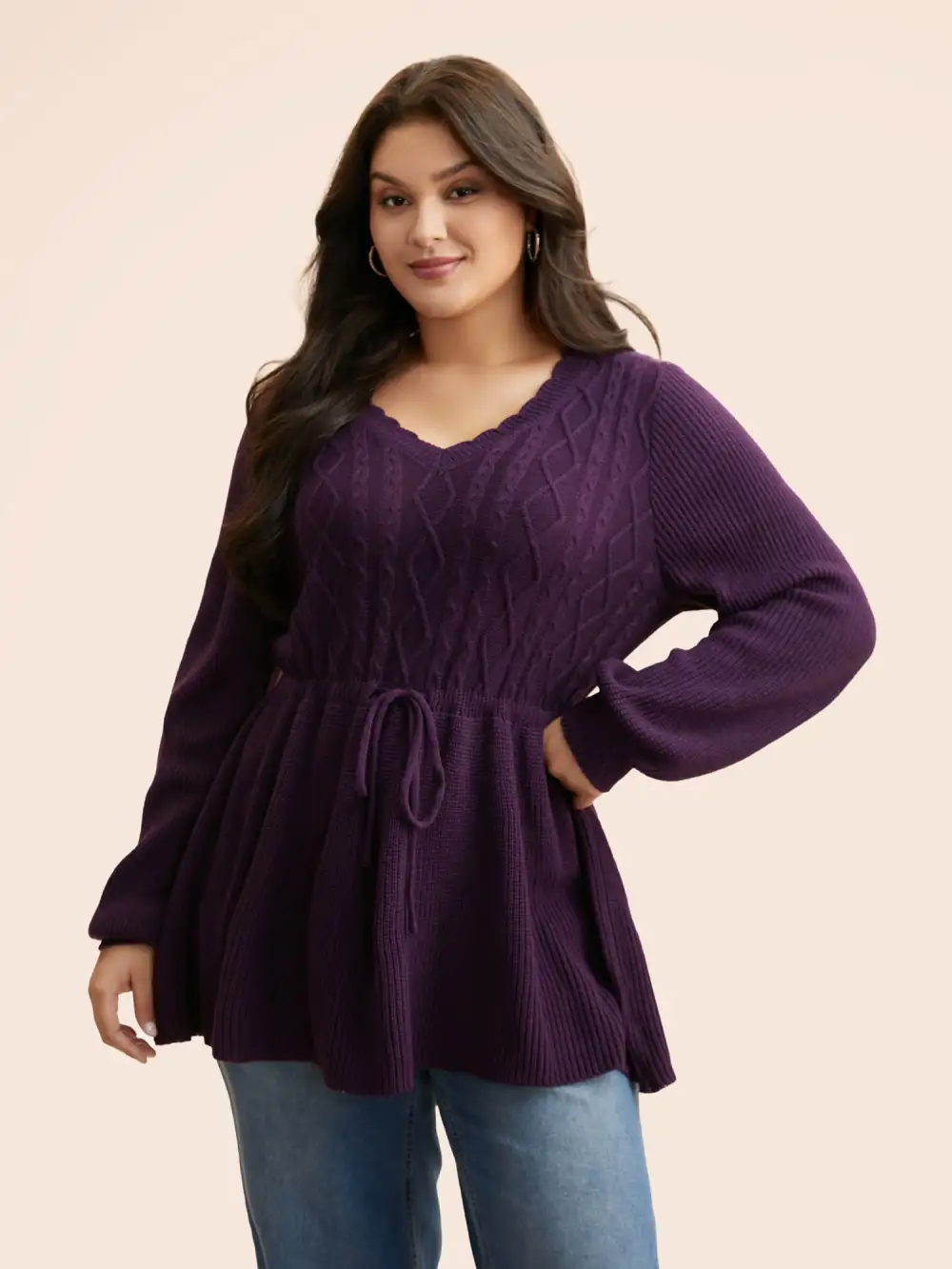 V Neck Cable Knit Drawstring Pullover