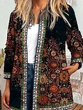 Women's Casual Lightweight Coat Open Front Work Print Geometric Comfortable Boho Vintage Regular Fit Long Sleeve With Pocket Outerwear Long Sleeve Fall Lake blue S