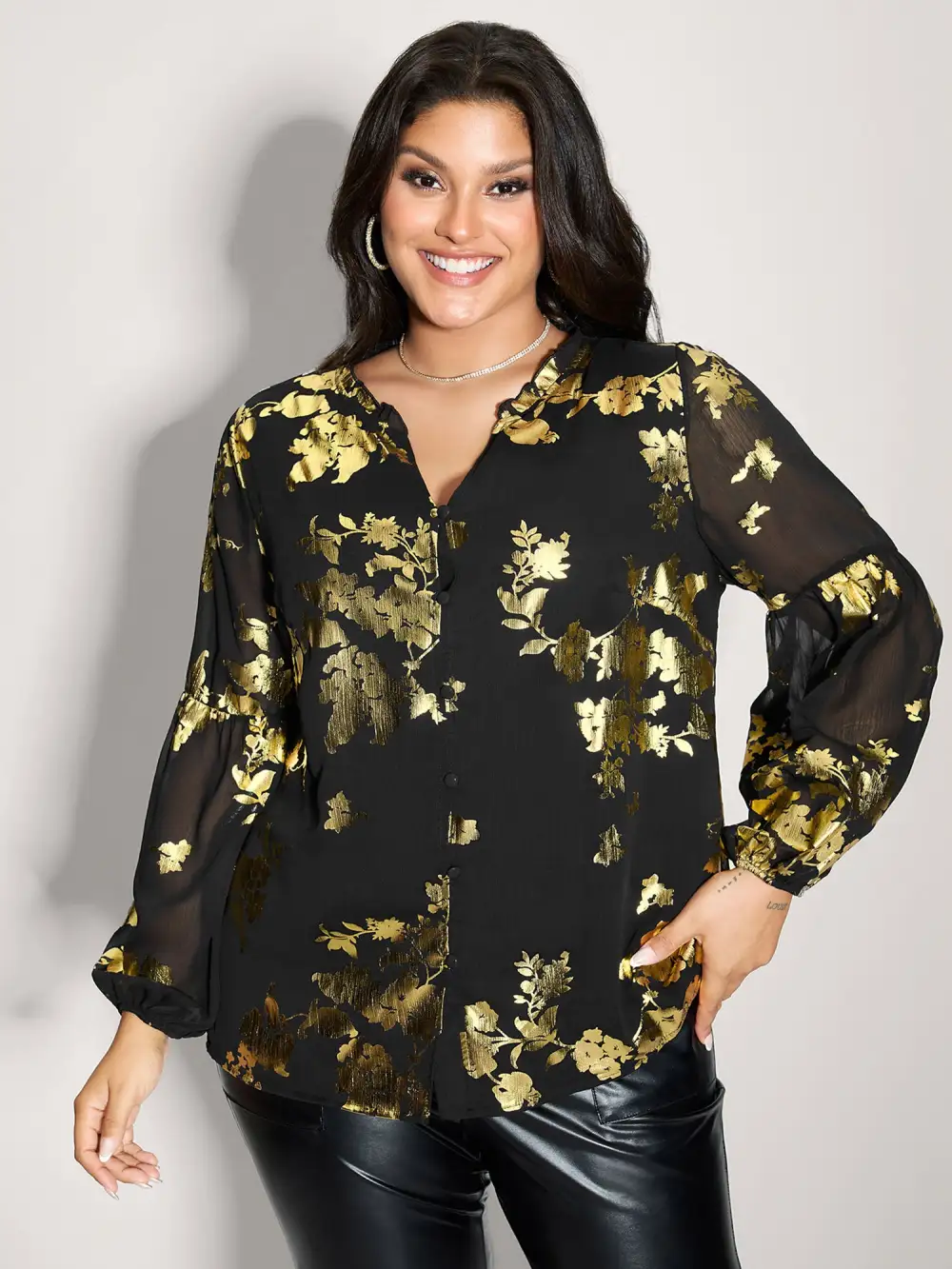 Floral Gold Stamp Sheer Button-Down Shirt
