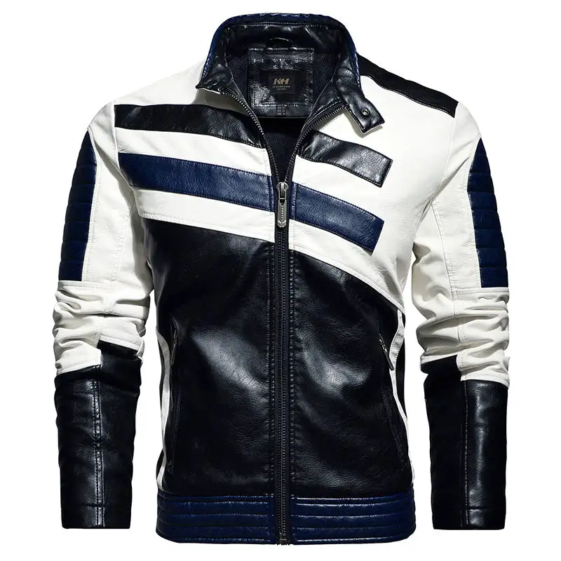 Casual Stand Collar Stitching Men's Leather Jacket