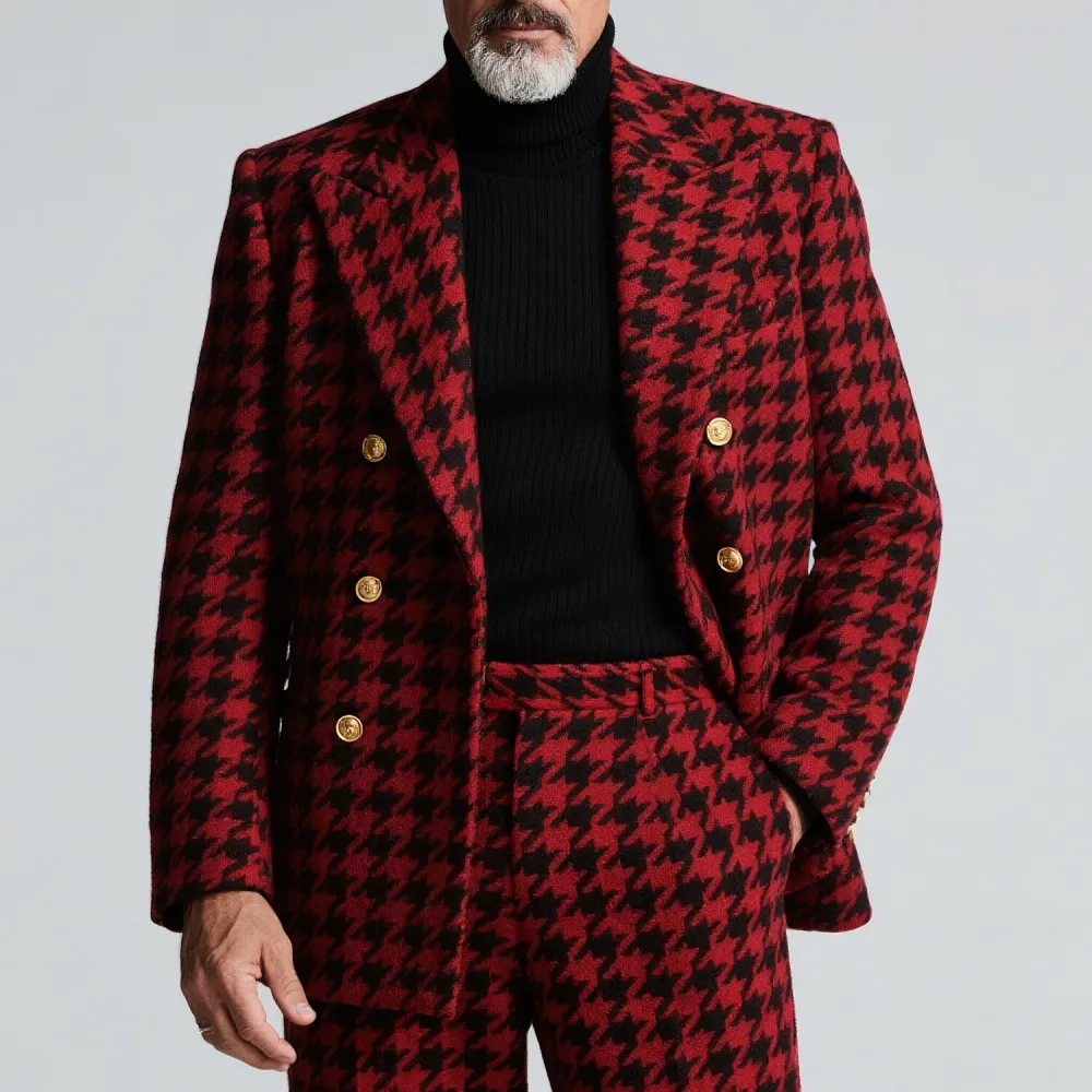 Men's Business Red Houndstooth Pattern Double Breasted Peaked Lapel Long Sleeve Blazer