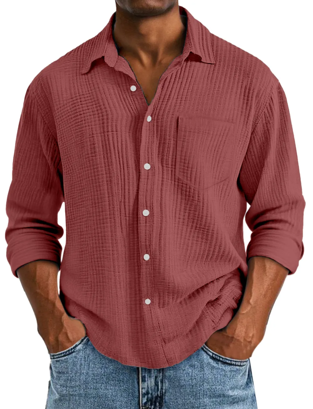 Men's Casual Solid Color Breathable Cotton Pleated Comfortable Lapel Long-sleeved Shirt