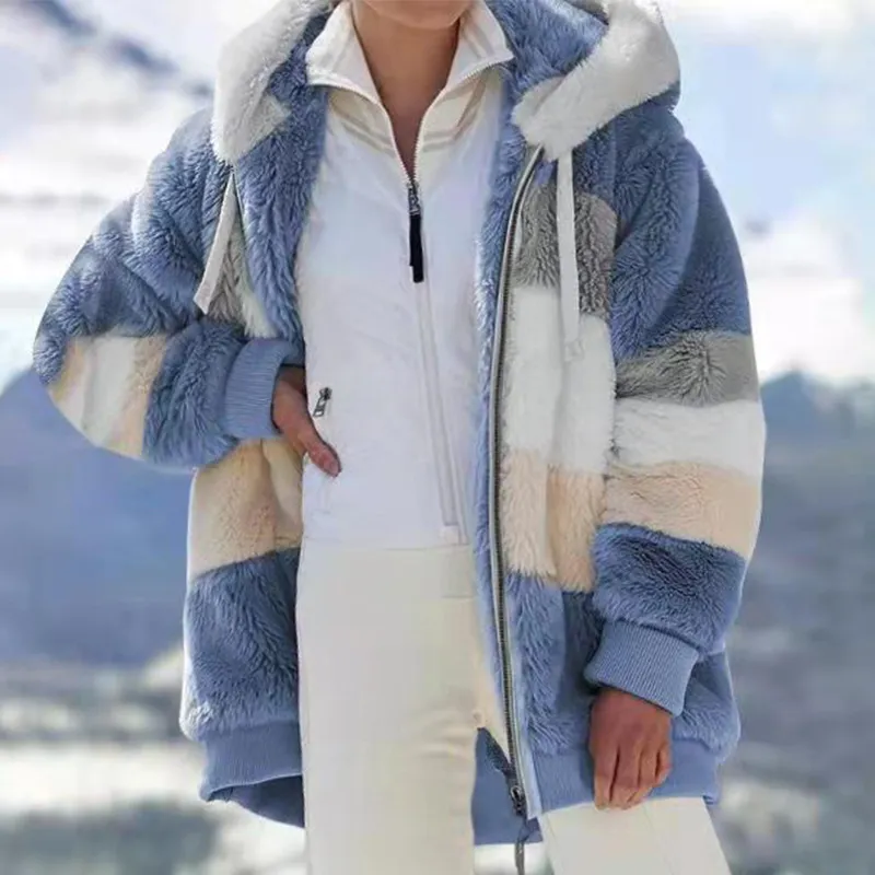 Color Patchwork Plush Hooded Overcoat