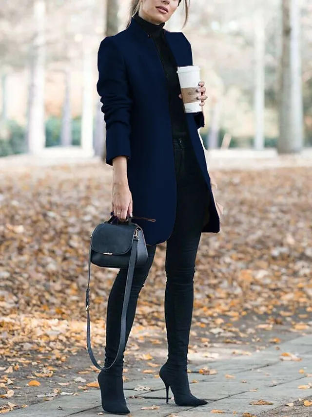 Women's Pea Coat Winter Coat Open Front Stand Collar Trench Coat Fall Warm Windproof Overcoat Christmas Jacket caramel colour