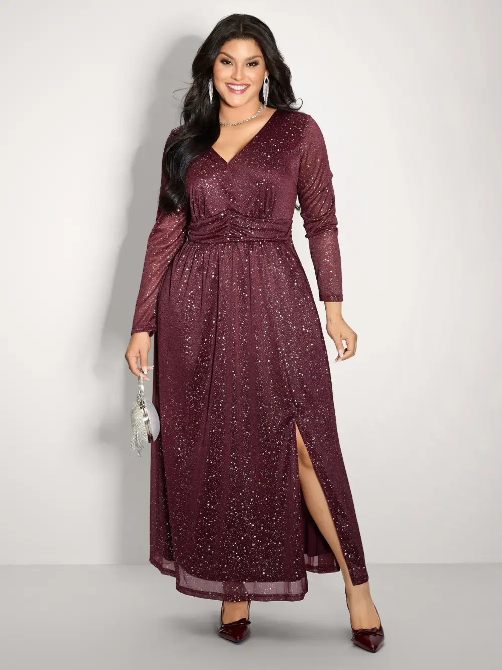 Shimmery Hot Stamp Pockets Slit Maxi Dress