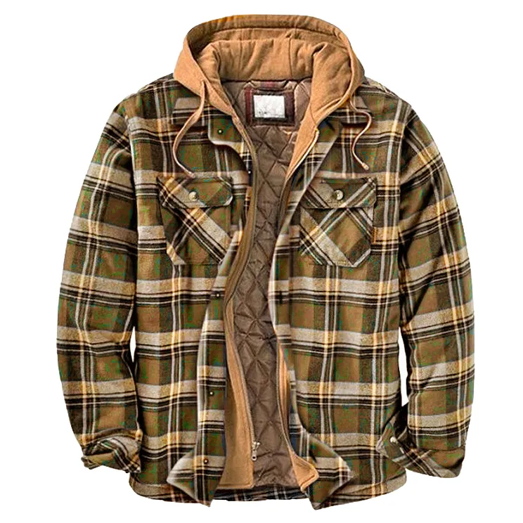 Men's Outdoor Quilted Plaid Fake Two-piece Hooded Jacket
