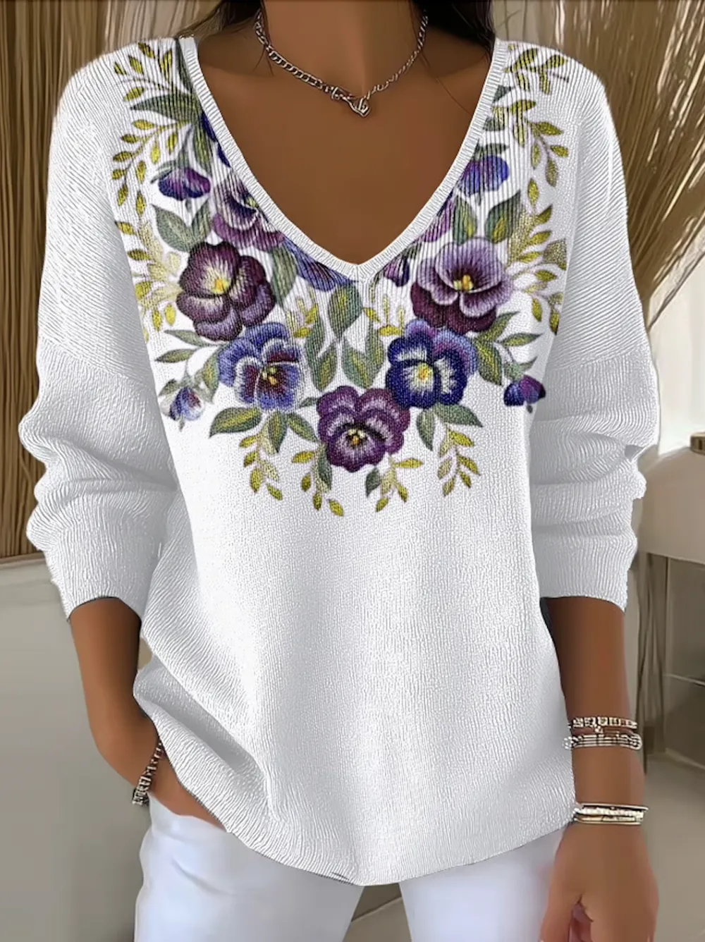 Floral V Neck Casual Regular Fit Sweater