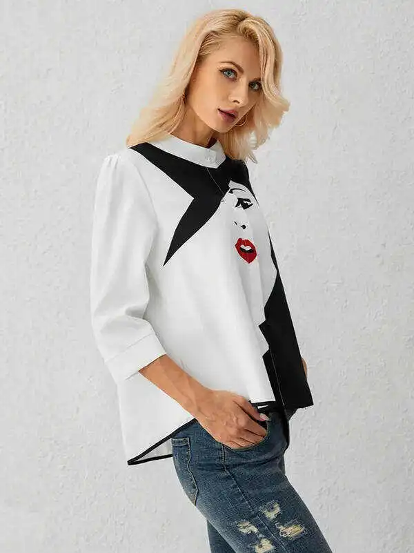 Casual Three-Quarter Sleeves Figure Buttoned Printed Stand Collar Blouses&Shirts Tops
