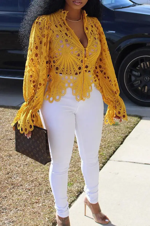 Lace Deep V Sweet Cutout Blouse