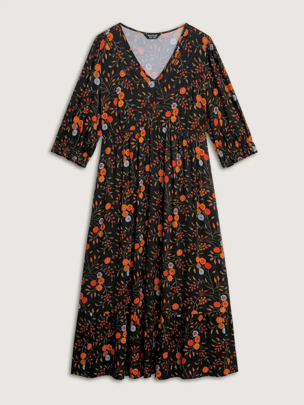 Floral Branch Print Lace Trim Maxi Dress