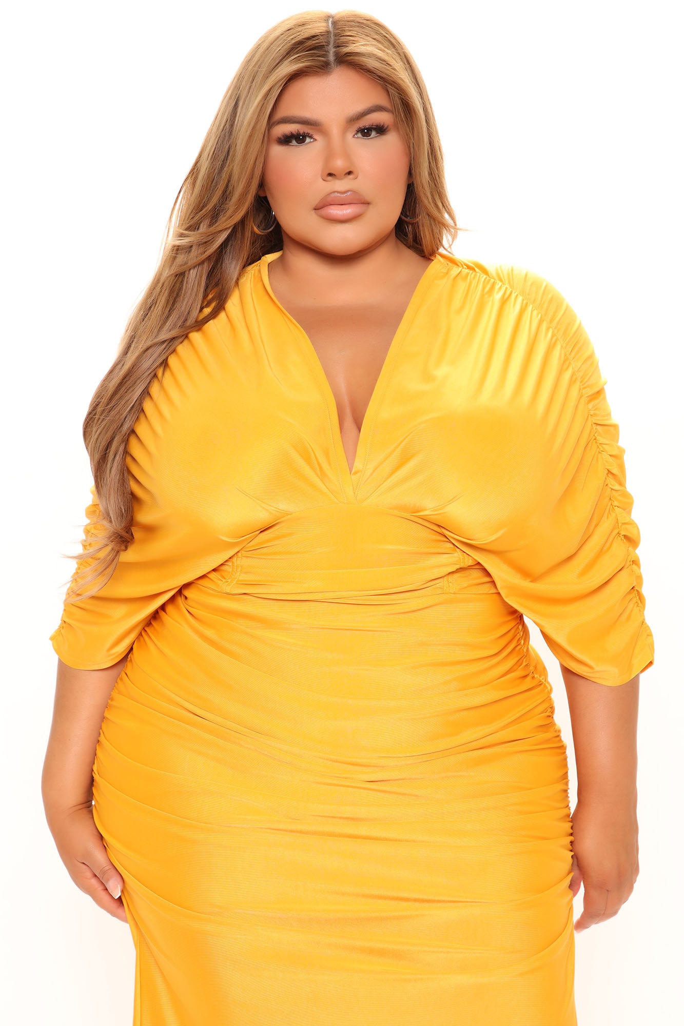 Mandy Ruched Midi Dress - Mustard