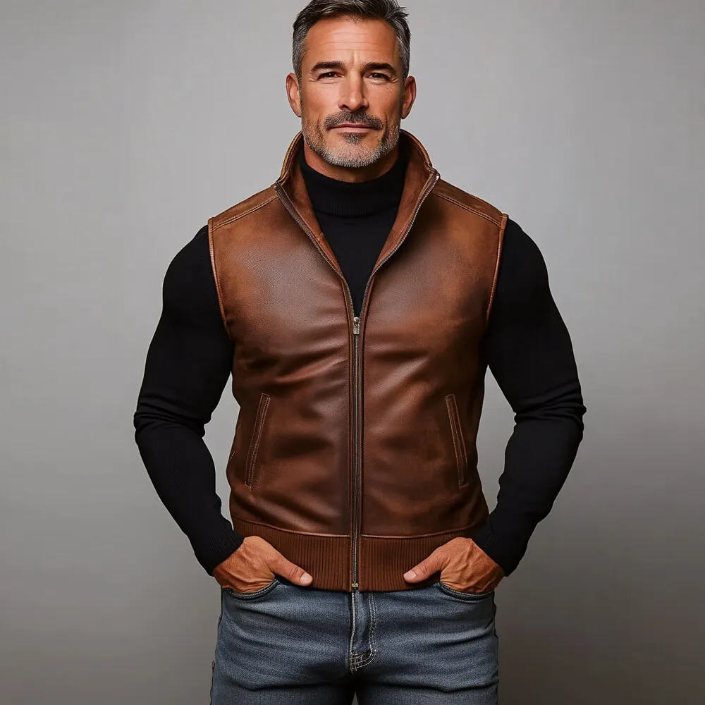 Men's PU Leather Stand Collar Slant Pocket Zip Up Vest