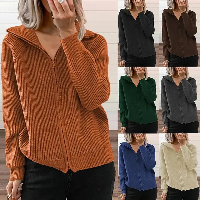 Women's Cardigan Fashion Solid Color Ribbed Shirt Collar Zipper Knitted Long Sleeve Regular Tops Knit Outdoor Daily Holiday Black Green Fall