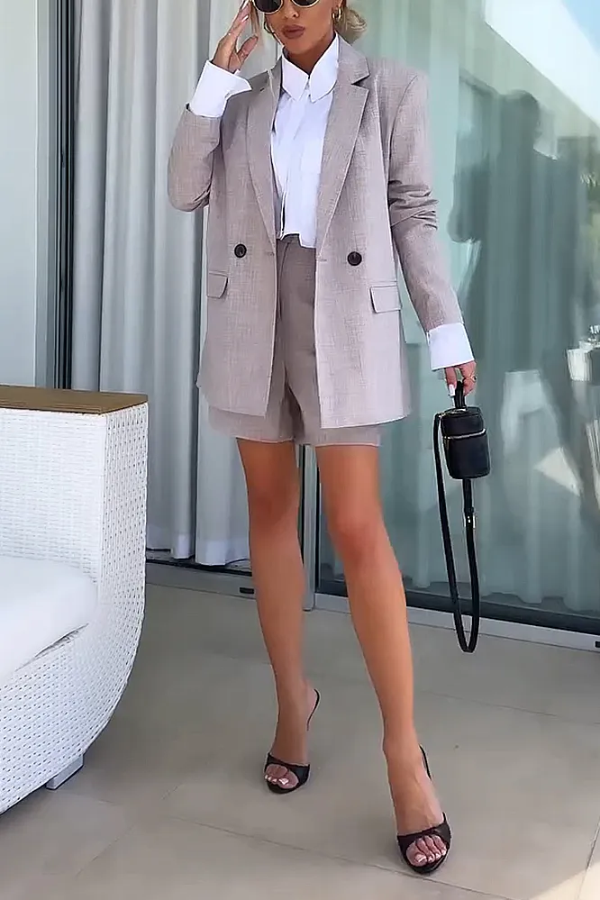 Women's solid color casual jacket and shorts two-piece set