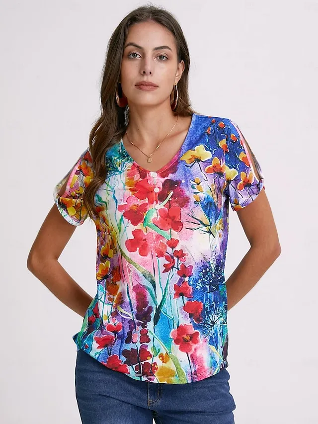 Women's T shirt Tee Floral Button Cut Out Print Holiday Weekend Basic Neon & Bright Short Sleeve V Neck Red