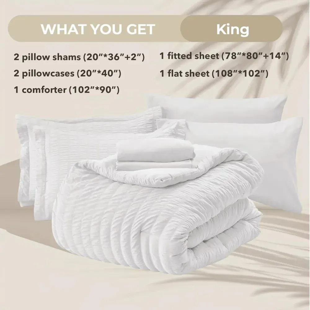 Queen Comforter Set Seersucker 7 Pieces, All Season Luxury Bed in a Bag for Bedroom, Bedding Set with Comforters, Sheets, Pillowcases & Shams, Dark Grey