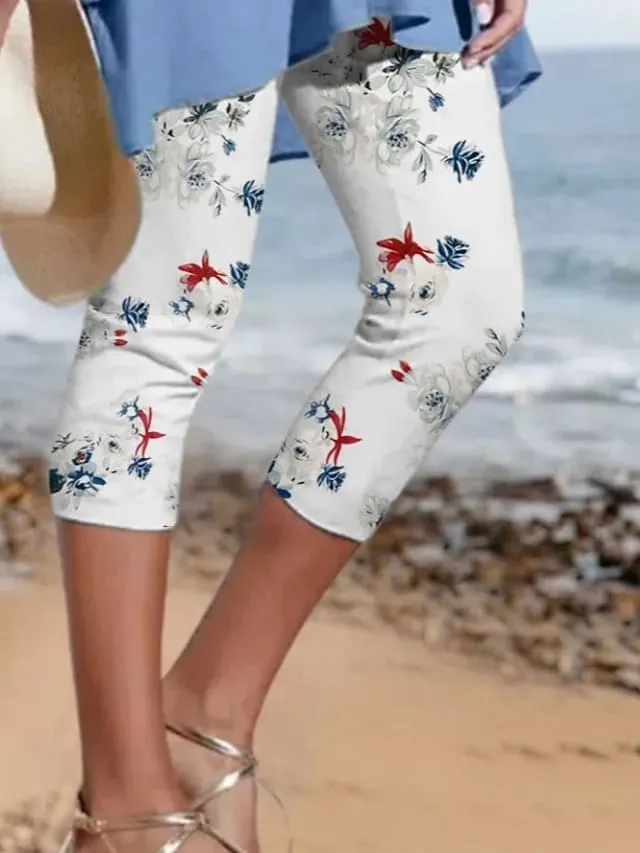 Women's Pants Trousers Leggings Capri shorts Green Purple Red Mid Waist Fashion Leisure Sports Weekend Print Stretchy Calf-Length Comfort Flower / Floral S M L XL XXL / Slim
