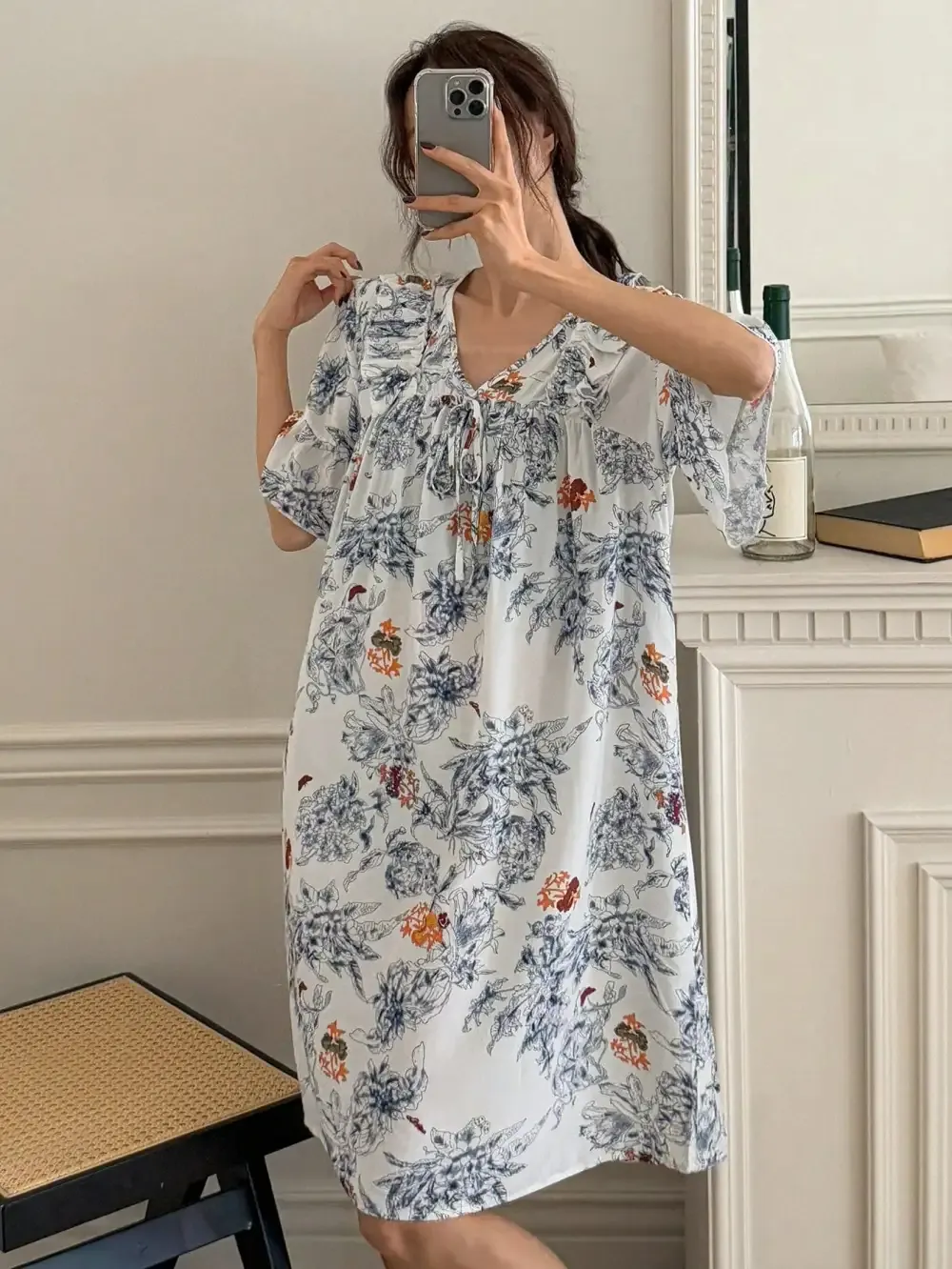 DAZY Women's Ruffle Hem Printed Nightgown