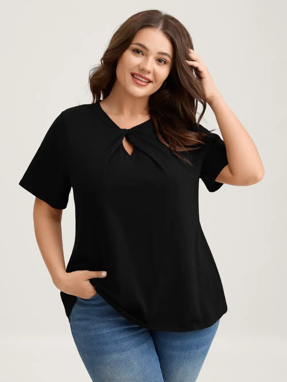 Knotted Cut-Out Neckline Solid T-Shirt