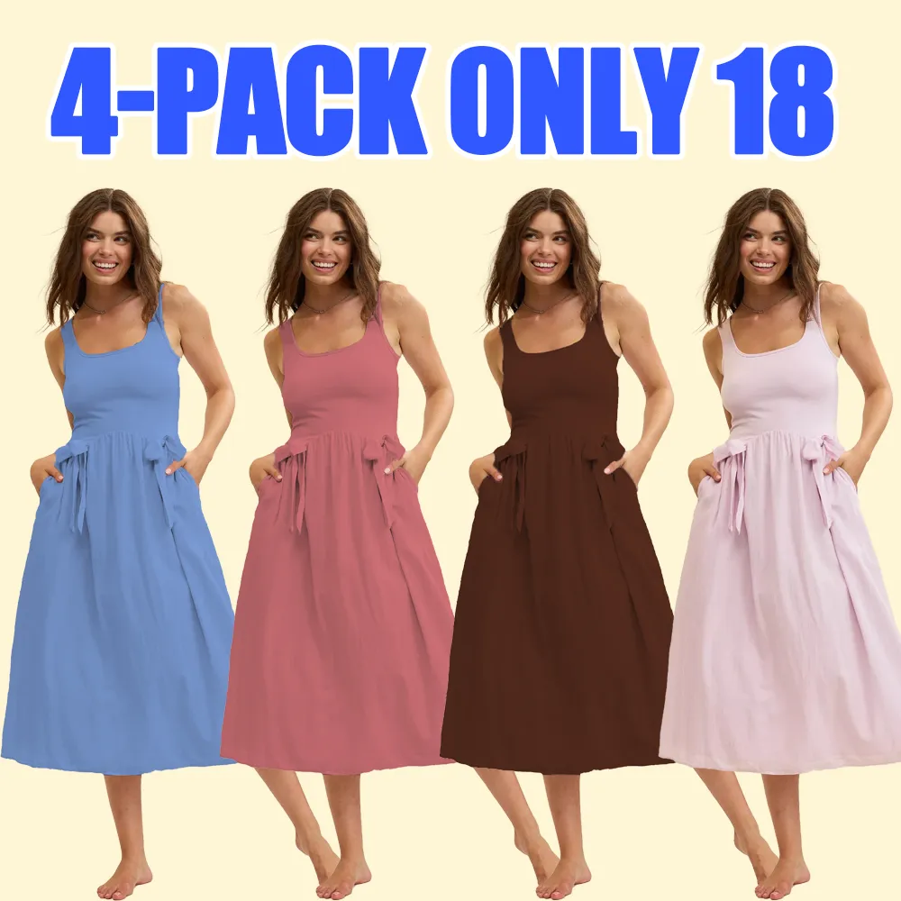 Women's Sleeveless Tank Midi Dress with Bow Detail and Pockets – Casual Summer Lounge Dress