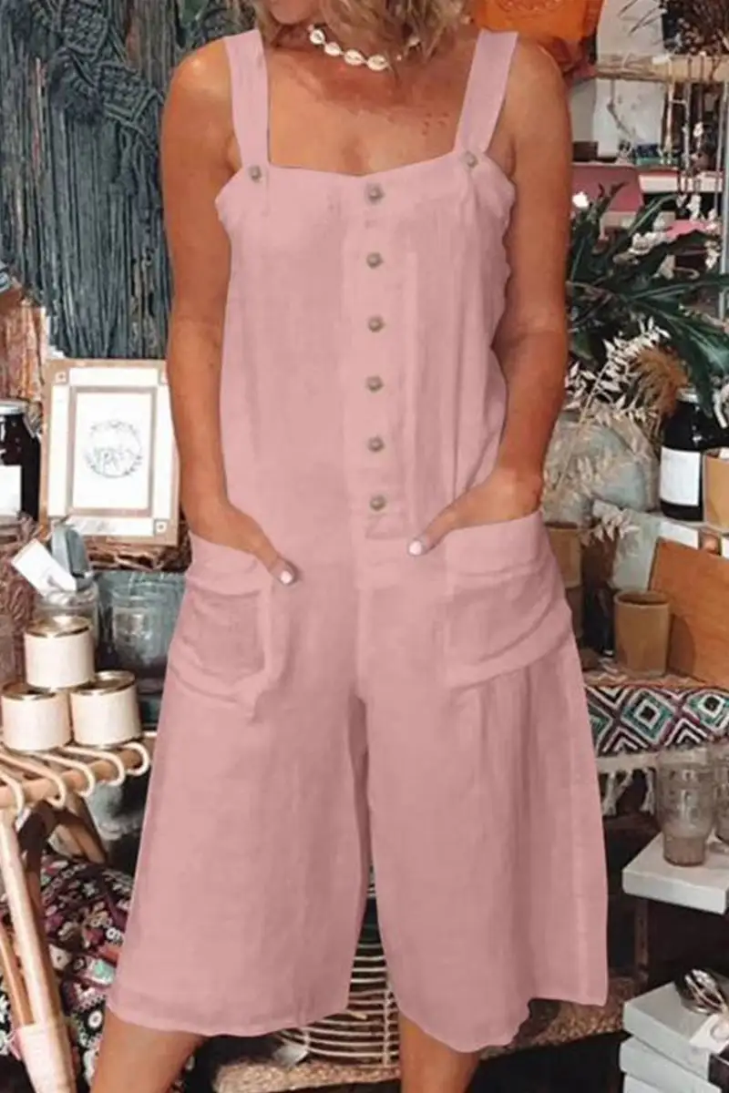 Casual Daily Solid Pocket Buttons Square Collar Loose Jumpsuits
