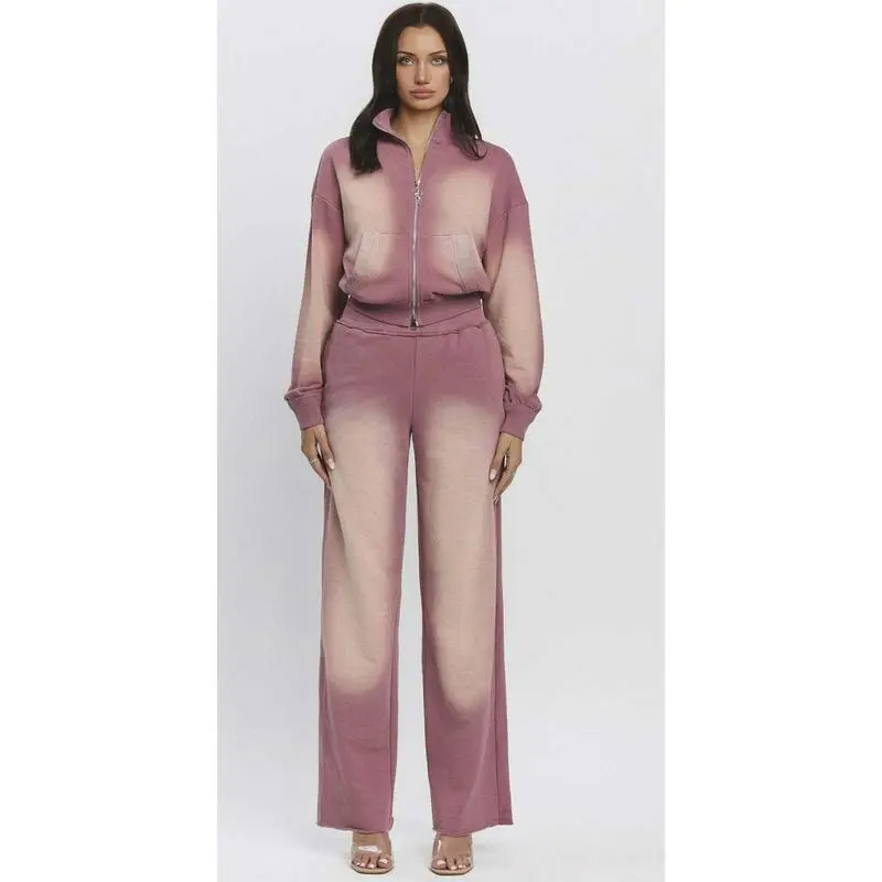 Ombre Zip - Up 2 Pieces Set Cropped -Sweatshirt & Wide - Leg Pants